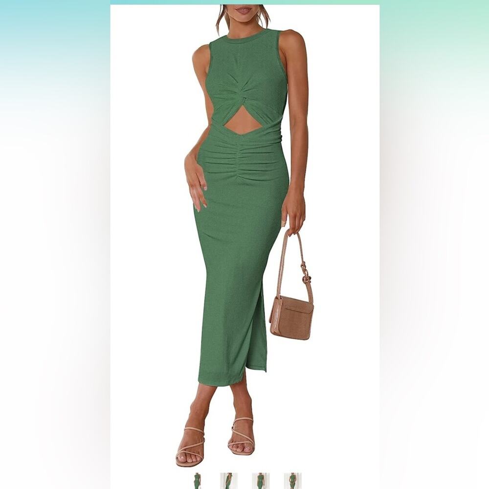 Meenew Sleeveless Bodycon Cutout Ruched Tie Back Dress with Slit NWT LARGE